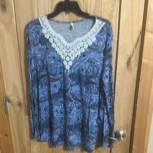CATHY Blue Paisley Lace Trim Women's Top